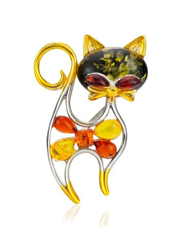 Chic Multicolor Amber Cat Brooch, image 