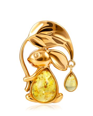 Cute Gilded Rabbit Brooch With Natural Amber, image 