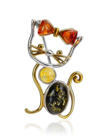 Bicolor Cat Brooch With Natural Amber, image 