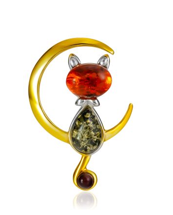 Gilded Crescent Brooch With Tiny Kitten, image 