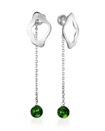 Designer Chain Earrings With Green Amber Beads, image 