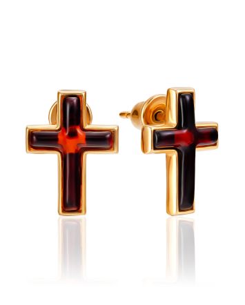 Minimalist Gilded Cross Earrings With Amber, image 
