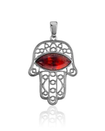 Cut Out Design Hamsa Hand Pendant With Amber, image 