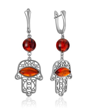 Hamsa Hand Motif Amber Earrings, image 