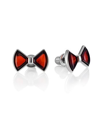 Tiny Cherry Amber Bow Earrings, image 