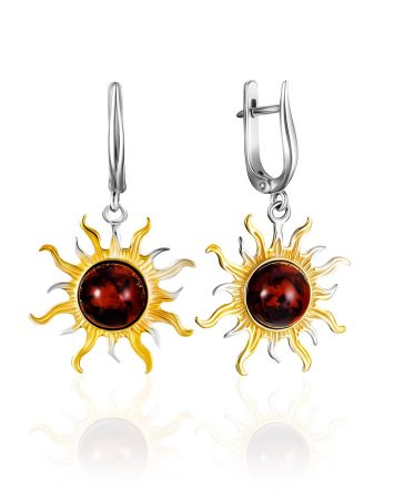 Bicolor Sun Shaped Earrings With Amber, image 