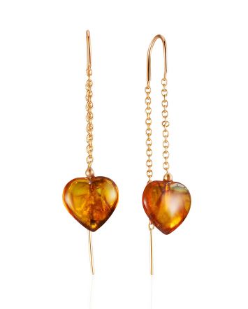 Gilded Threader Earrings With Cute Amber Hearts, image 