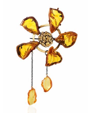 Exquisite Amber Flower Brooch, image 
