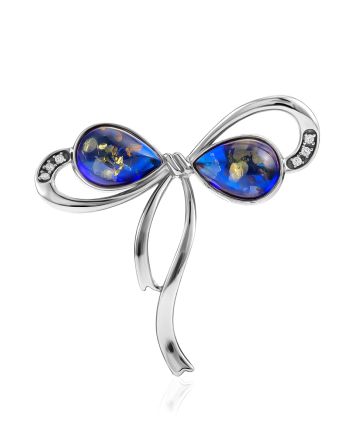 Classy Bow Motif Brooch With Blue Amber, image 