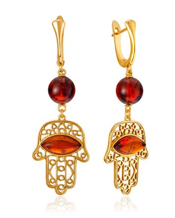 Gilded Hamsa Hand Earrings With Amber, image 