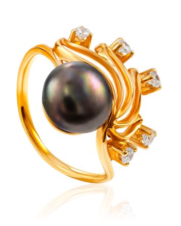 Chic Dark Pearl Ring With Dazzling Crystals, Ring Size: 8.5 / 18.5, image 