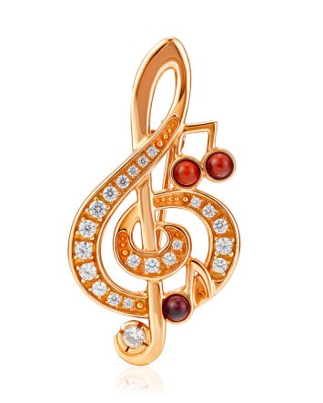 Shimmering Musical Note Brooch With Amber And Crystals, image 