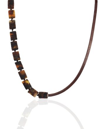 Leather Strap Necklace With Dark Amber Pieces, image 