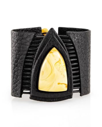 Dark Leather Bracelet With Honey Amber The Amazon, image 