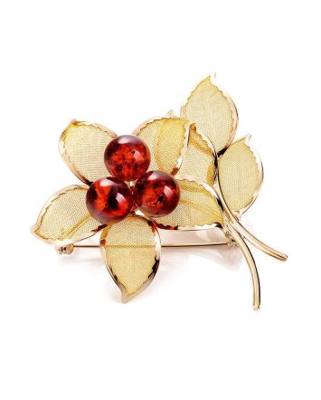 Gold Plated Brooch With Bright Cognac Amber The Beoluna, image 