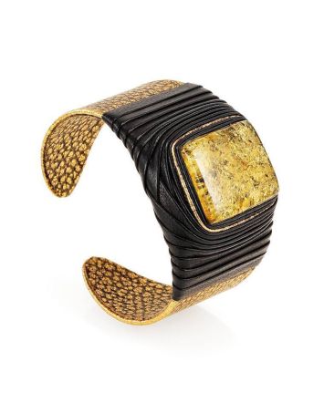 Golden Color Leather Bracelet With Green Amber The Nefertiti, image 