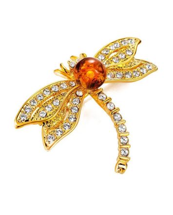 Gold Plated Dragonfly Brooch With Amber And Crystals The Beoluna, image 