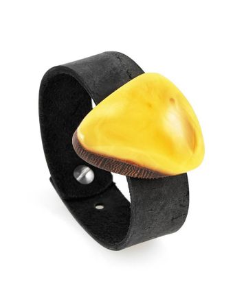 Handcrafted Leather Bracelet With Amber And Wood The Indonesia, image 