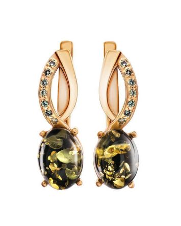 Green Amber Earrings In Gold With Crystals The Raphael, image 
