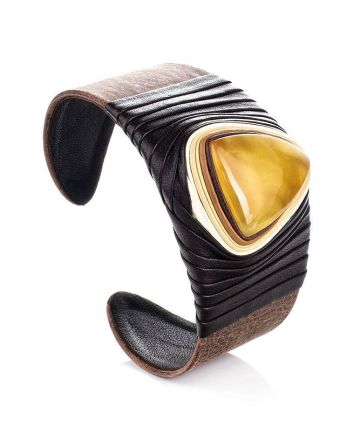 Dark Leather Cuff Bracelet With Honey Amber The Nefertiti, image 