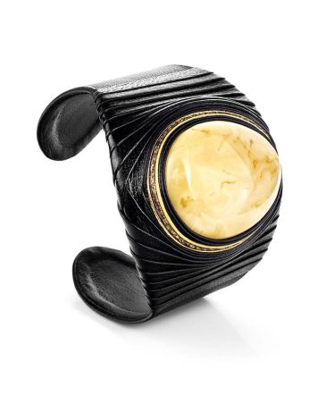 Black Leather Cuff Bracelet With White Amber The Nefertiti, image 
