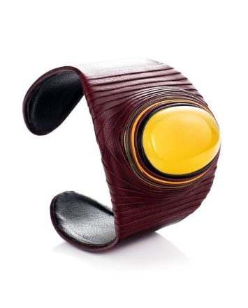 Dark Leather Cuff Bracelet With Honey Amber The Nefertiti, image 