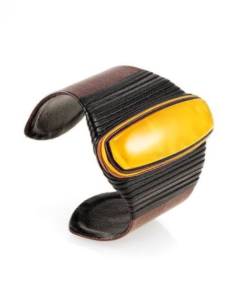 Dark Leather Cuff Bracelet With Honey Amber The Nefertiti, image 
