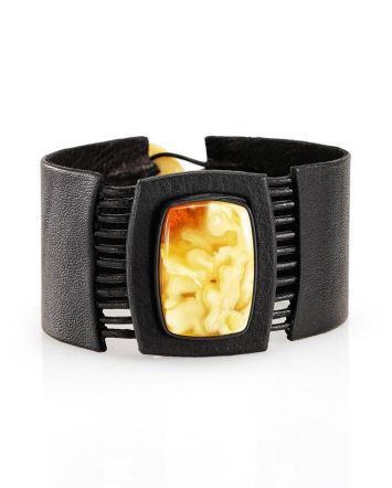 Dark Leather Bracelet With Honey Amber The Amazon, image 