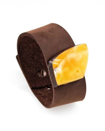 Handcrafted Leather Bracelet With Honey Amber And Wood The Indonesia, image 