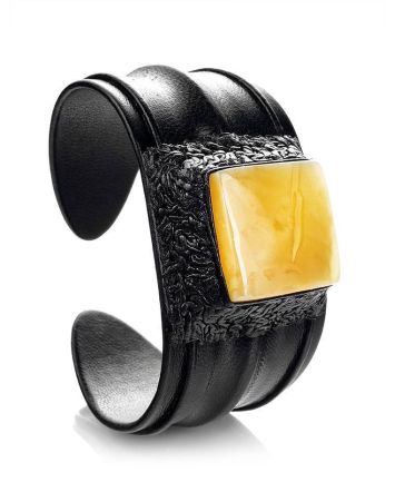 Black Leather Cuff Bracelet With Honey Amber The Nefertiti, image 