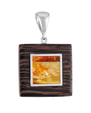Handmade Square Pendant With Amber And Wood The Indonesia, image 