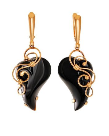 Golden Drop Earrings With Black Synthetic Onyx The Serenade, image 