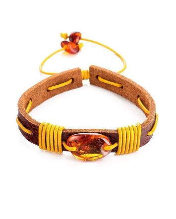 Leather Pull And Tie Bracelet With Cognac Amber The Copacabana, image 