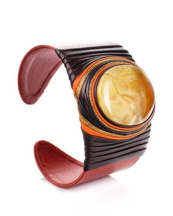 Bright Leather Cuff Bracelet With Honey Amber The Nefertiti, image 