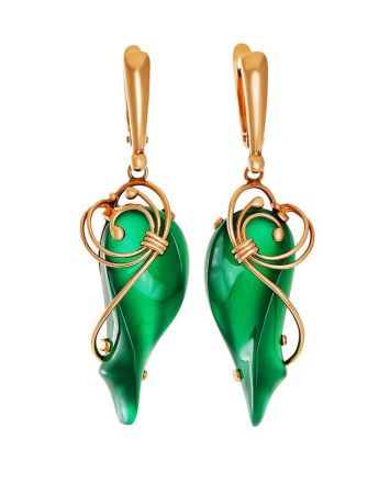 Golden Dangle Earrings With Green Synthetic Onyx The Serenade, image 