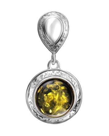 Elegant Round Pendant In Sterling Silver With Luminous Green Amber The Hermitage, image 