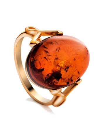 Gold-Plated Cocktail Ring With Cognac Amber The Napoli, Ring Size: 6 / 16.5, image 