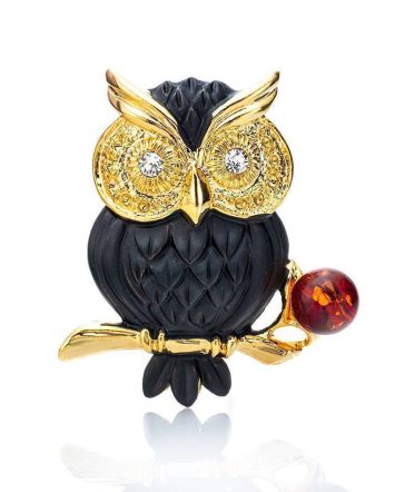 Charming Enamel Brooch With Cognac Amber And Crystals The Beoluna, image 