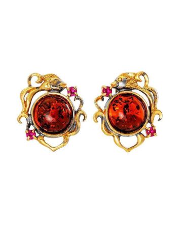 Round Gold-Plated Earrings With Cognac Amber And Crystals The Pompadour, image 