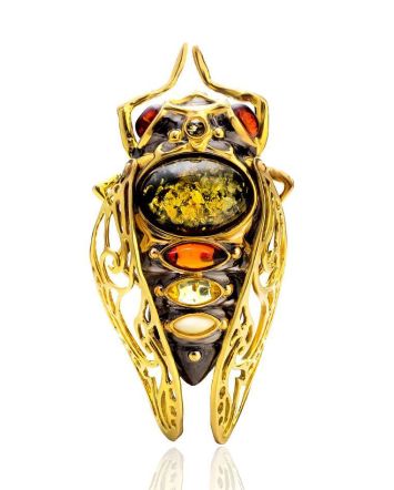 Fabulous Gold Plated Brooch With Multicolor Amber The Cicade, image 