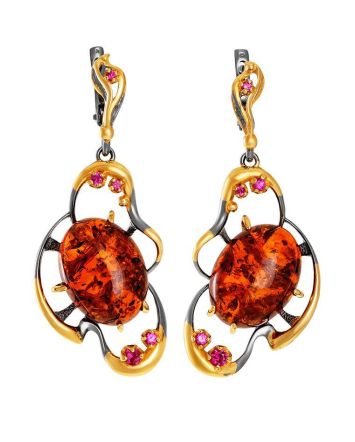 Drop Gold-Plated Earrings With Cognac Amber And Crystals The Pompadour, image 