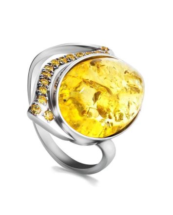 Cocktail Amber Ring In Sterling Silver With Crystals The Raphael, Ring Size: 12 / 21.5, image 