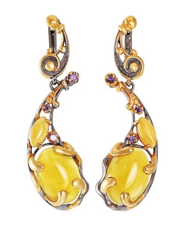 Drop Honey Amber Earrings In Gold-Plated Silver With Crystals The Pompadour, image 