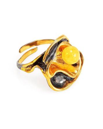 Bold Gold-Plated Ring With Honey Amber The Turandot, Ring Size: Adjustable, image 