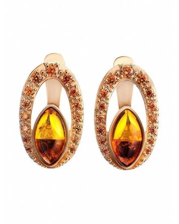 Cognac Amber Earrings In Gold With Champagne Crystals The Raphael, image 