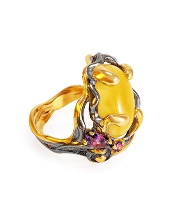 Bold Adjustable Honey Amber Ring In Gold-Plated Silver With Crystals The Pompadour, Ring Size: Adjustable, image 