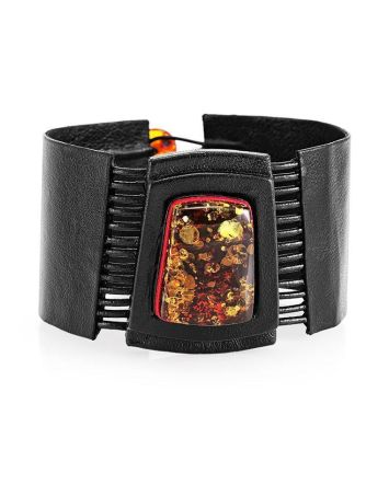Dark Leather Handcrafted Bracelet With Green Amber The Amazon, image 
