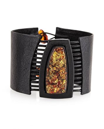 Dark Leather Bracelet With Green Amber The Amazon, image 