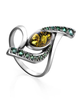 Sterling Silver Amber Ring With Green Crystals The Raphael, Ring Size: 12 / 21.5, image 