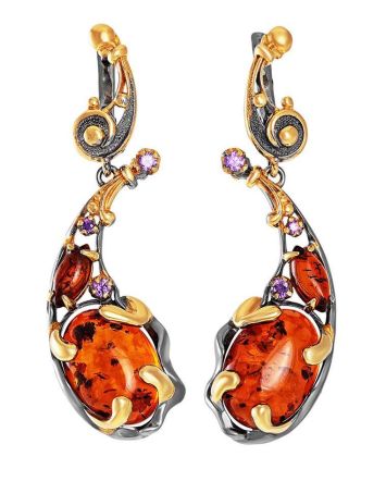 Drop Gold-Plated Earrings With Cognac Amber And Crystals The Pompadour, image 